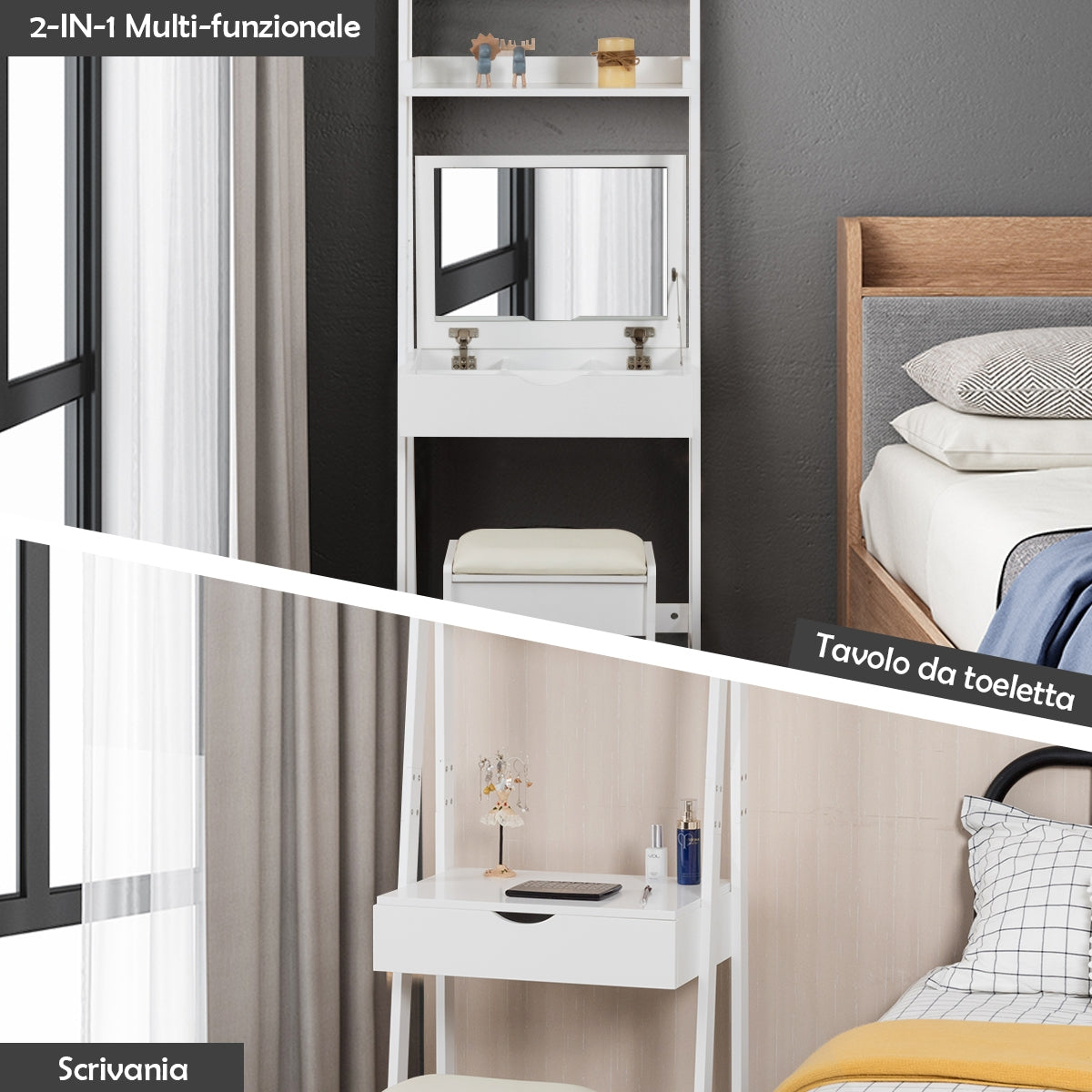 Toeletta legno con specchio 2 mensole 3 ganci-Tavolo per trucco con sgabello imbottito 56,5x40x180cm Bianco