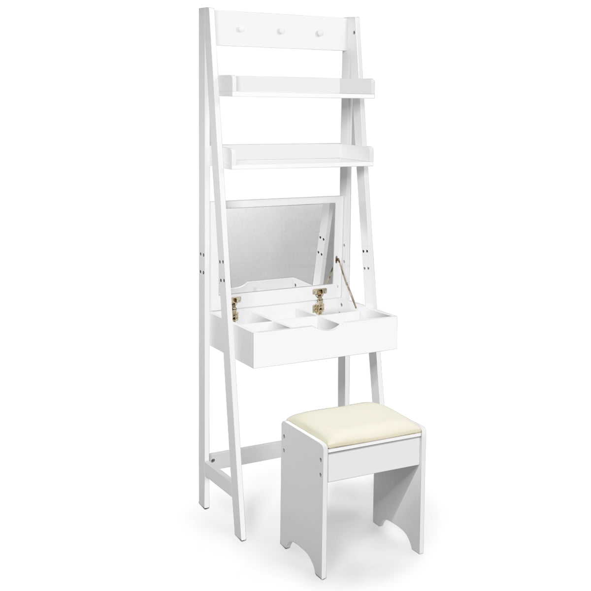 Toeletta legno con specchio 2 mensole 3 ganci-Tavolo per trucco con sgabello imbottito 56,5x40x180cm Bianco