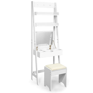 Toeletta legno con specchio 2 mensole 3 ganci-Tavolo per trucco con sgabello imbottito 56,5x40x180cm Bianco