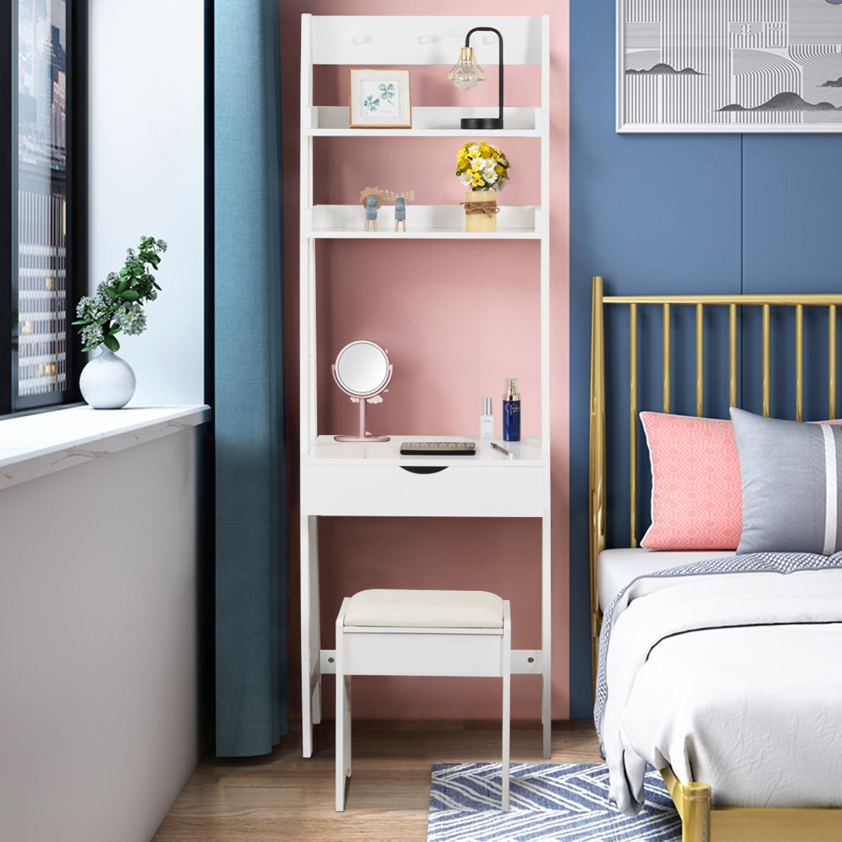 Toeletta legno con specchio 2 mensole 3 ganci-Tavolo per trucco con sgabello imbottito 56,5x40x180cm Bianco