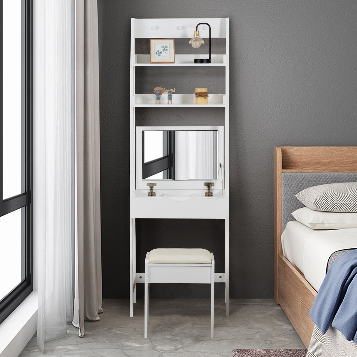 Toeletta legno con specchio 2 mensole 3 ganci-Tavolo per trucco con sgabello imbottito 56,5x40x180cm Bianco