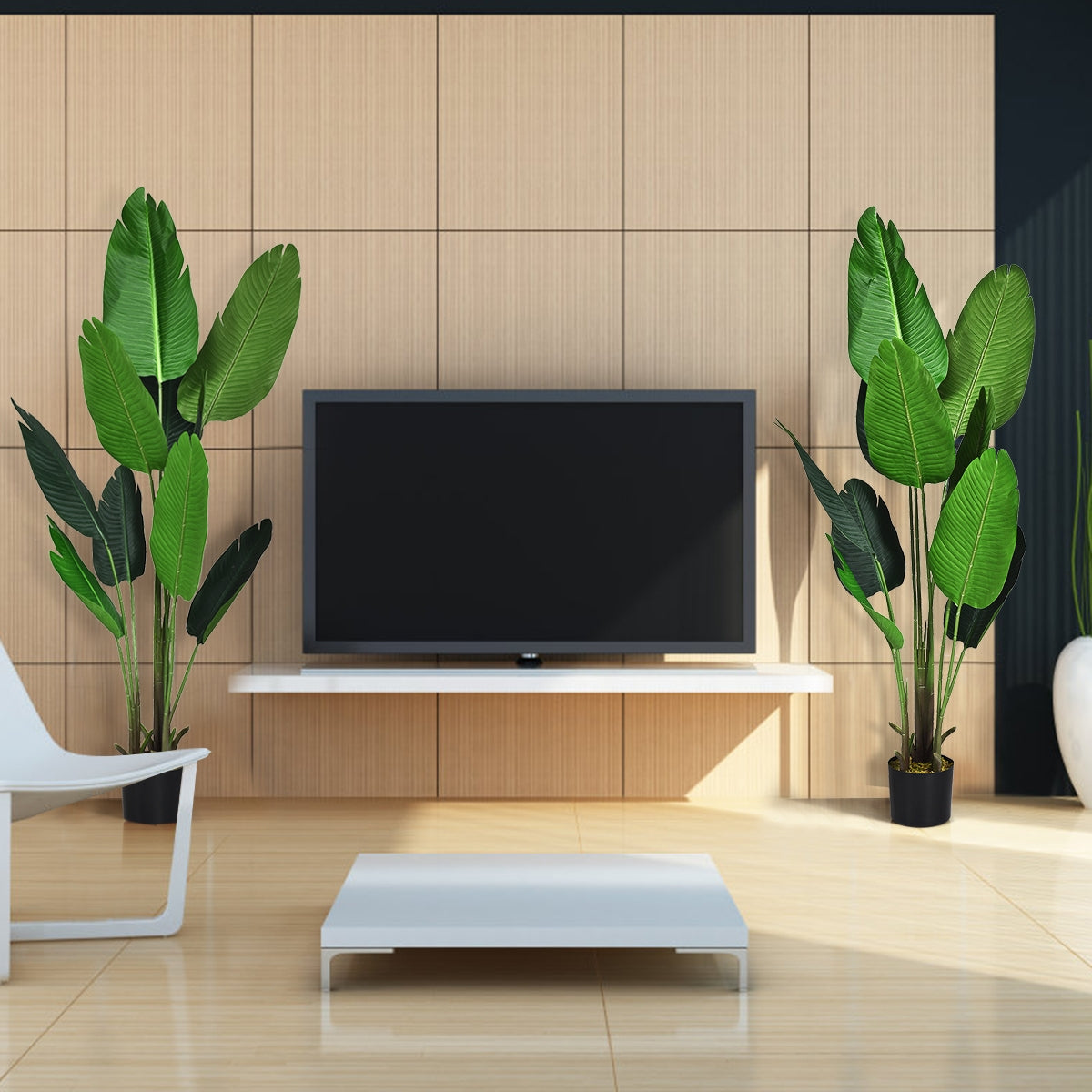 Palma tropicale artificiale con vaso nero, Finto bonsai da interno con 10 foglie realistiche, 160 cm-Piante artificiali