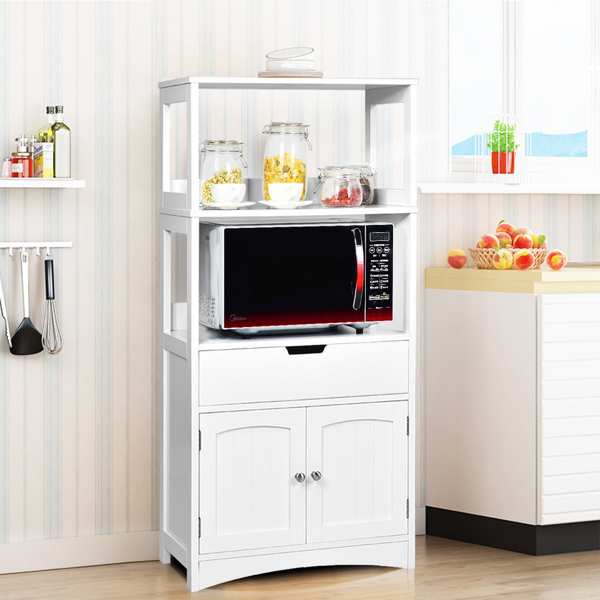 Armadietto in legno da cucina con cassetto e mensola, Armadio con 2 ante multiuso per cucina e soggiono Bianco-Scaffali e librerie