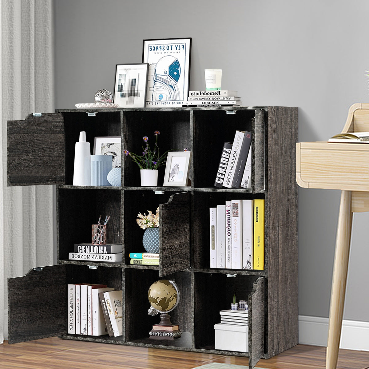 Armadietto con 9 cubi e ante di legno con scomparti, Espositore per casa ufficio libri giocattoli e decorazioni, Grigio-Librerie
