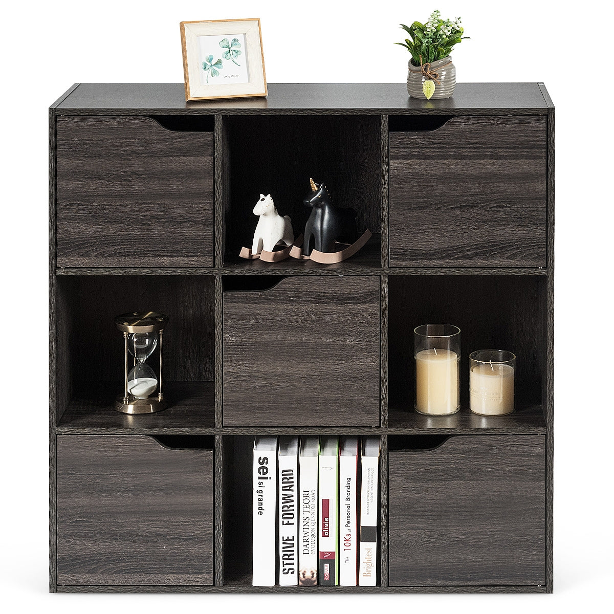 Armadietto con 9 cubi e ante di legno con scomparti, Espositore per casa ufficio libri giocattoli e decorazioni, Grigio-Librerie