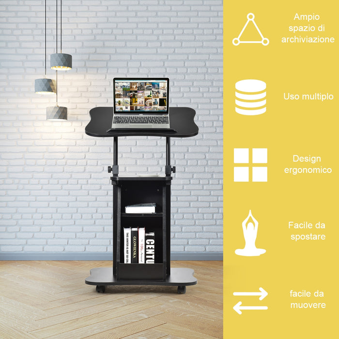 Carrello porta computer regolabile in altezza, Tavolo porta pc con superficie girevole da casa e ufficio con ruote, Nero-Tavolini per laptop