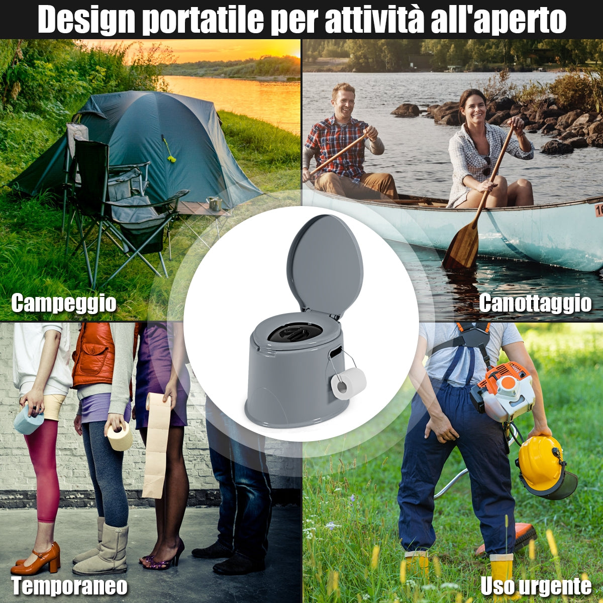 Toilette da viaggio portatile per esterni leggera con secchio interno rimovibile-supporto per carta igienica rimovibile Grigio