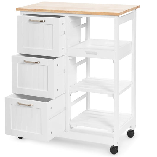 Carrello da cucina in legno di gommaBuffet-Armadio da cucina Carrellino con vassoio 2 mensole e 3 cassetti, Bianco