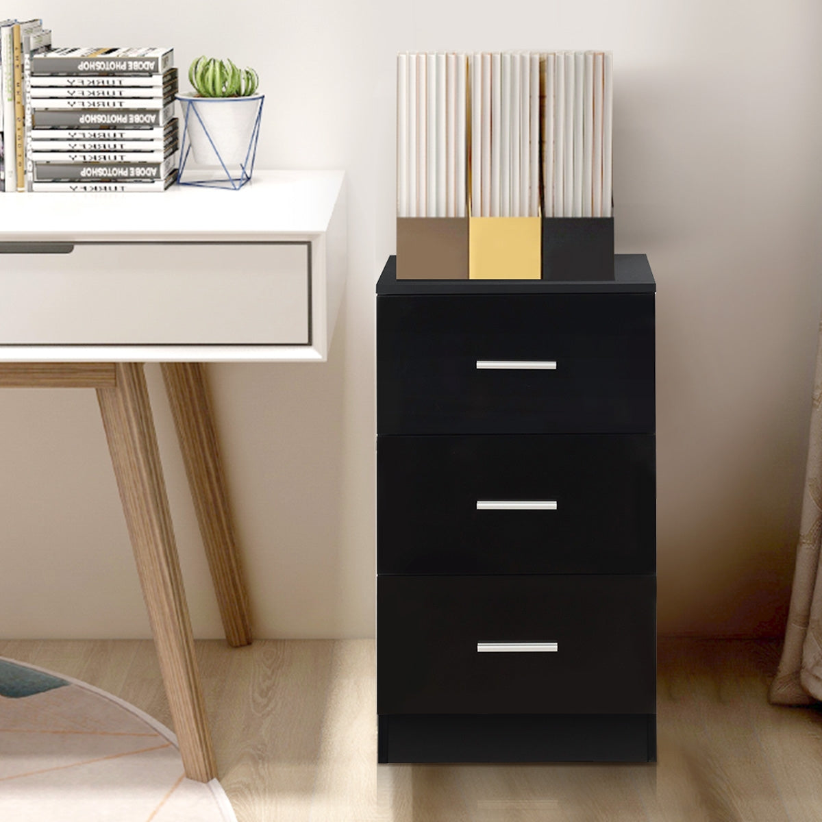 Schedario con 3 cassetti sotto la scrivania, Armadietto in legno durevole per ufficio Nero-Armadi da ufficio