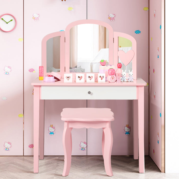 Set toeletta con con specchio tripartito e cassetto per bambini, Scrivania smontabile 2 in 1 per leggere Rosa-Toelette per bimbi