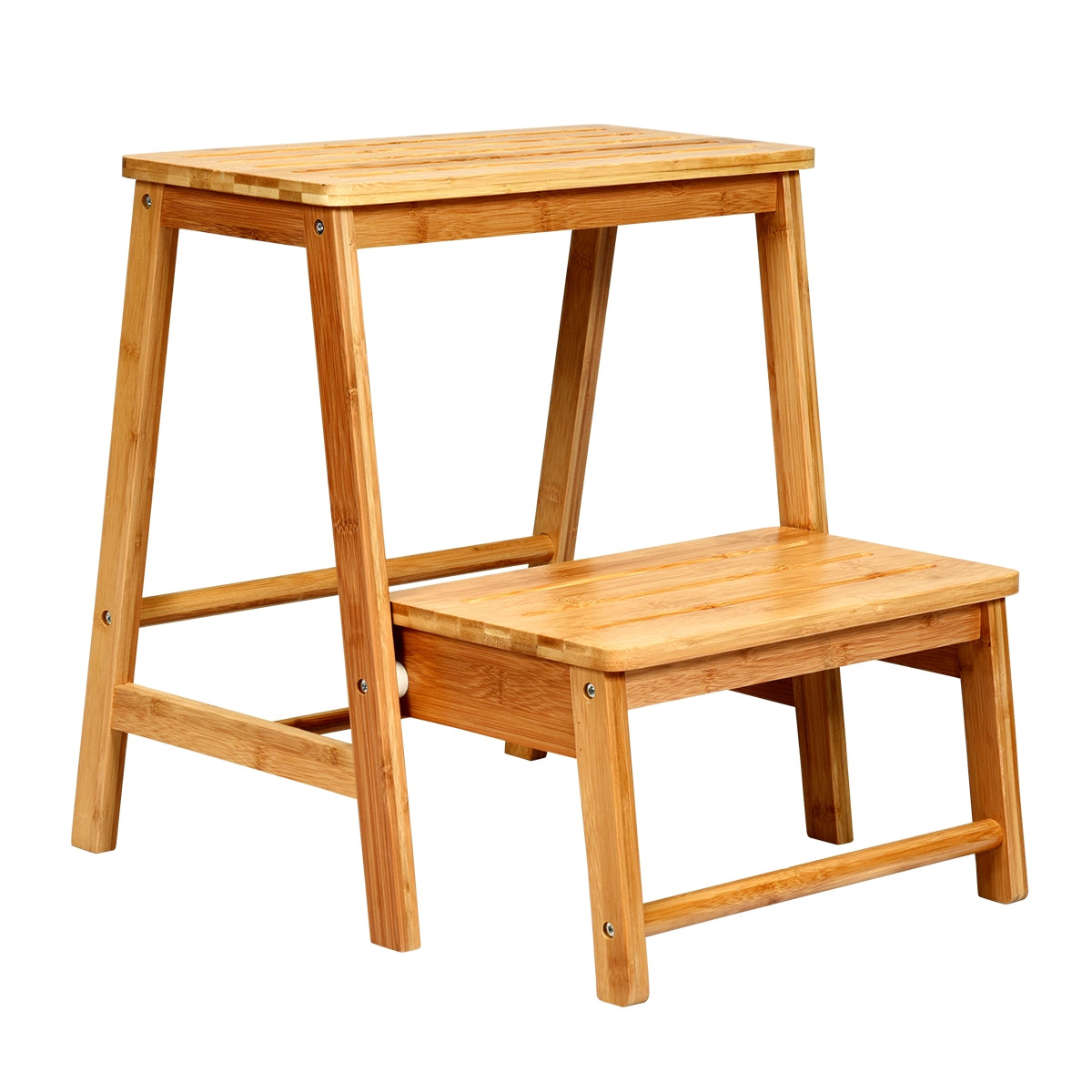 Sgabello pieghevole a 2 livelli con scanalatura antiscivolo, Scaletta con 2 gradini di bamb¨´ da casa, Naturale-Sgabelli