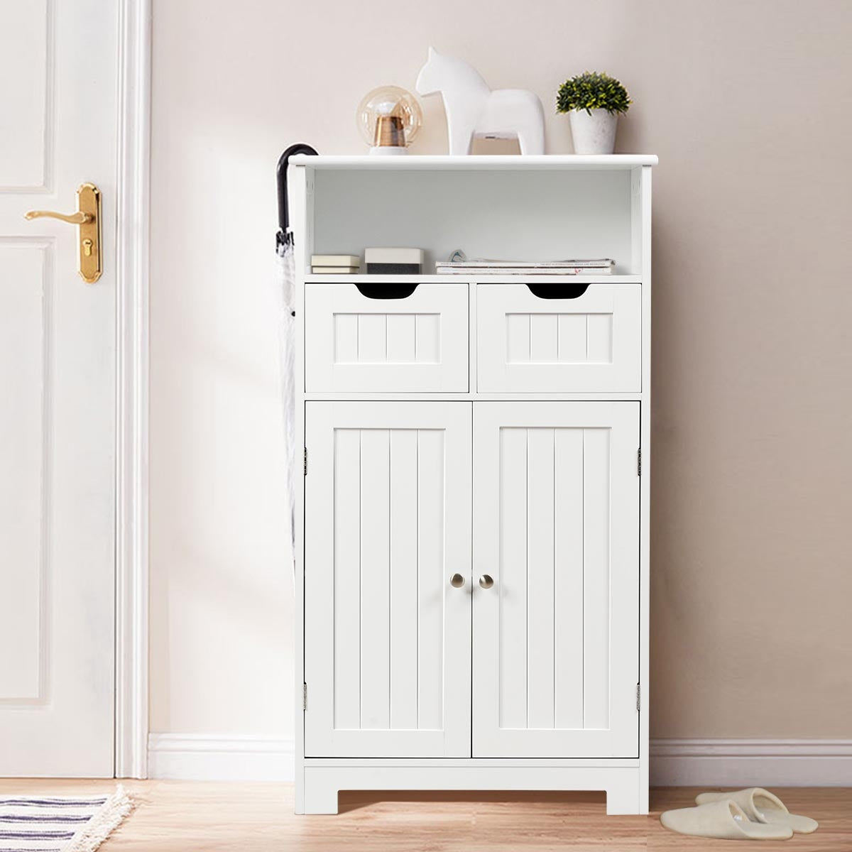 Armadio del bagno con una mensola aperta-Mobiletto da bagnoCredenza per cucina con 2 ante e 2 cassetti Bianco