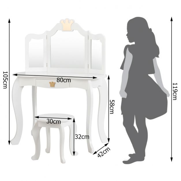 Toilette per bambini con specchio a tre ante piano removibile sgabello incluso bianco 20_0004875