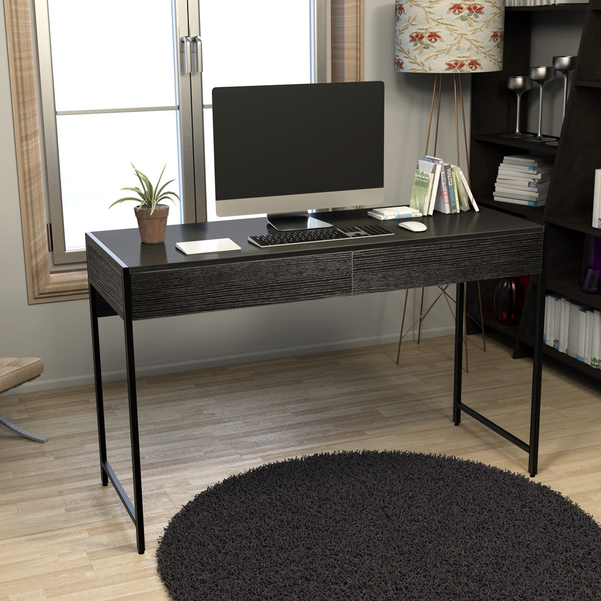 Scrivania di legno con 2 cassetti per ufficio, Tavolo per computer con struttura in acciaio Nero-Scrivanie