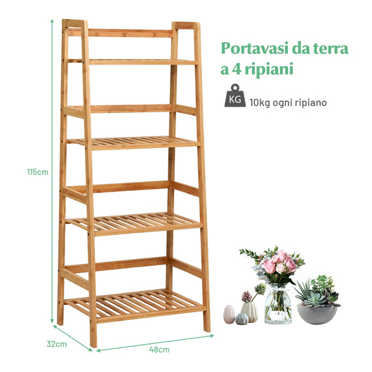 Scaffale multiuso con 4 livelli in bamb¨´ per soggiorno cucina ufficio-Libreria rustica con solida struttura Naturale