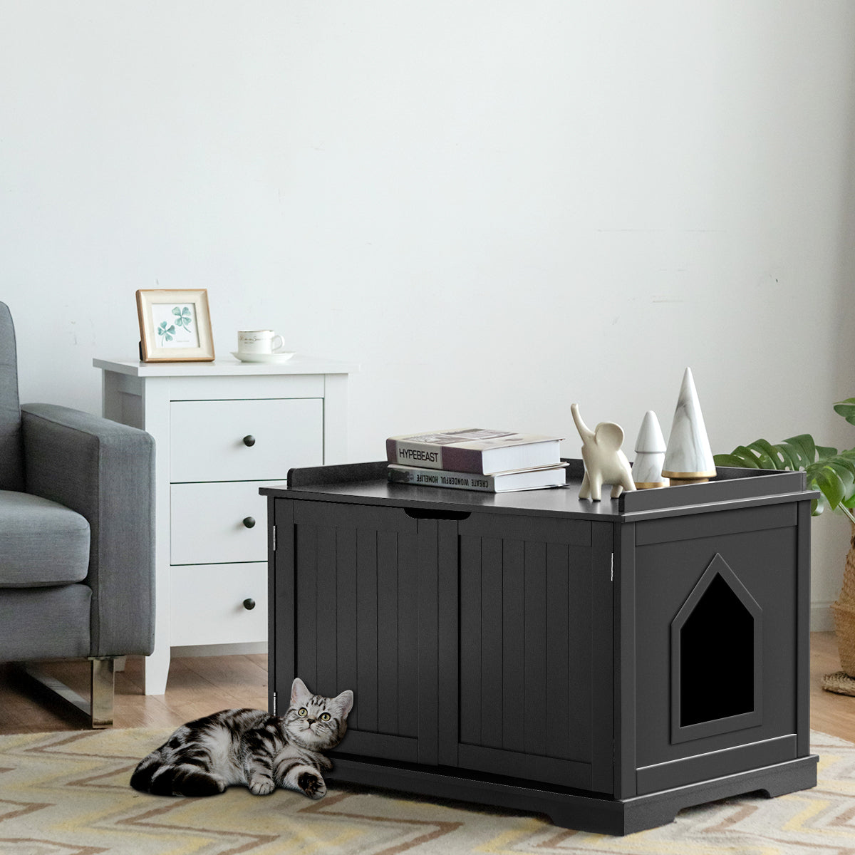Casetta privata per gatti con struttura in legno resistente-Casa multifunzionale con foro per gatti Nero