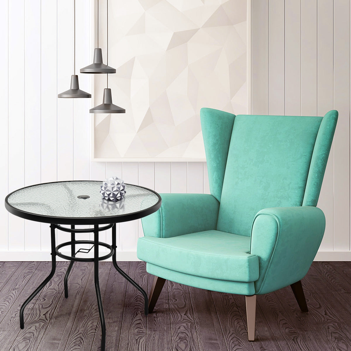 Tavolino da caff¨¨ con superficie in vetro temperato e foro ombrellone, Tavolino rotondo per interno ed esterno Nero-Tavoli da esterno