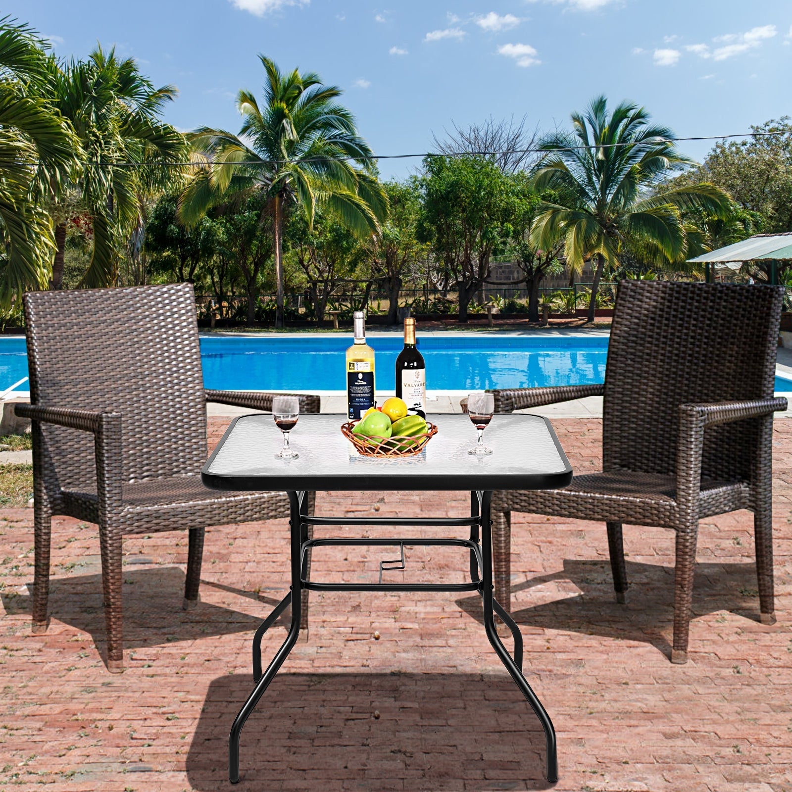 Tavolo da Giardino Quadrato in Metallo con Piano in Vetro 81 x 81 x 71 cm Stile Moderno per Terrazza Balcone e Cortile Nero 20_0009418