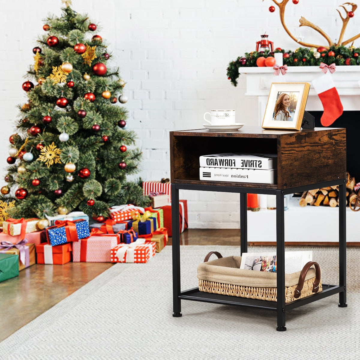 Tavolino industriale con scompartimento, Mobile di legno con struttura di metallo Marrone e nero-Tavolini