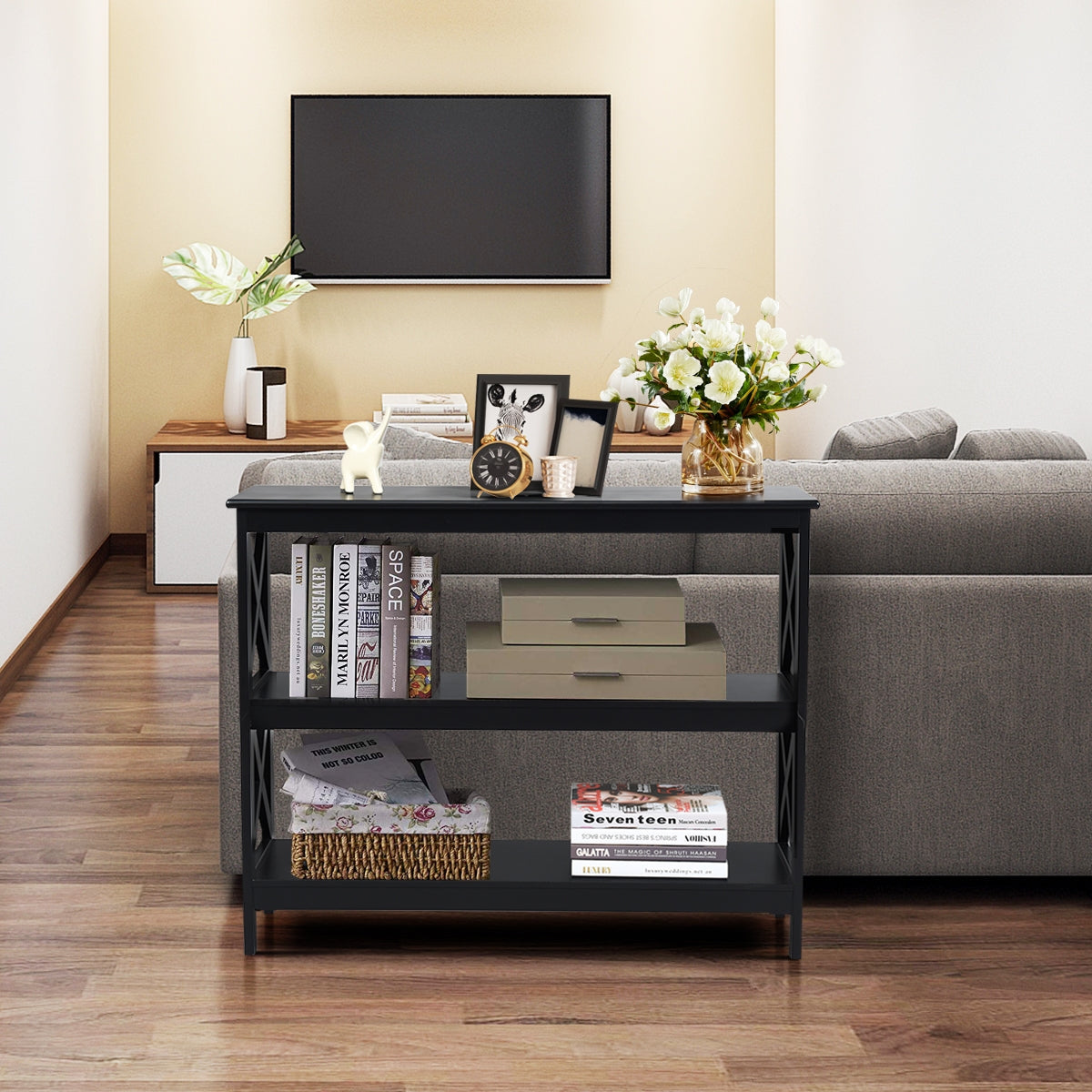 Tavolo da parete industriale a 3 livelli, Tavolino di servizio rustico con mensola Nero-Consolle