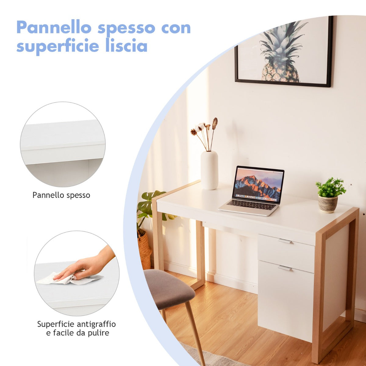 Scrivania moderna per computer con armadietto e cassetto per casa e ufficio, Postazione di lavoro elegante Bianco-Scrivanie