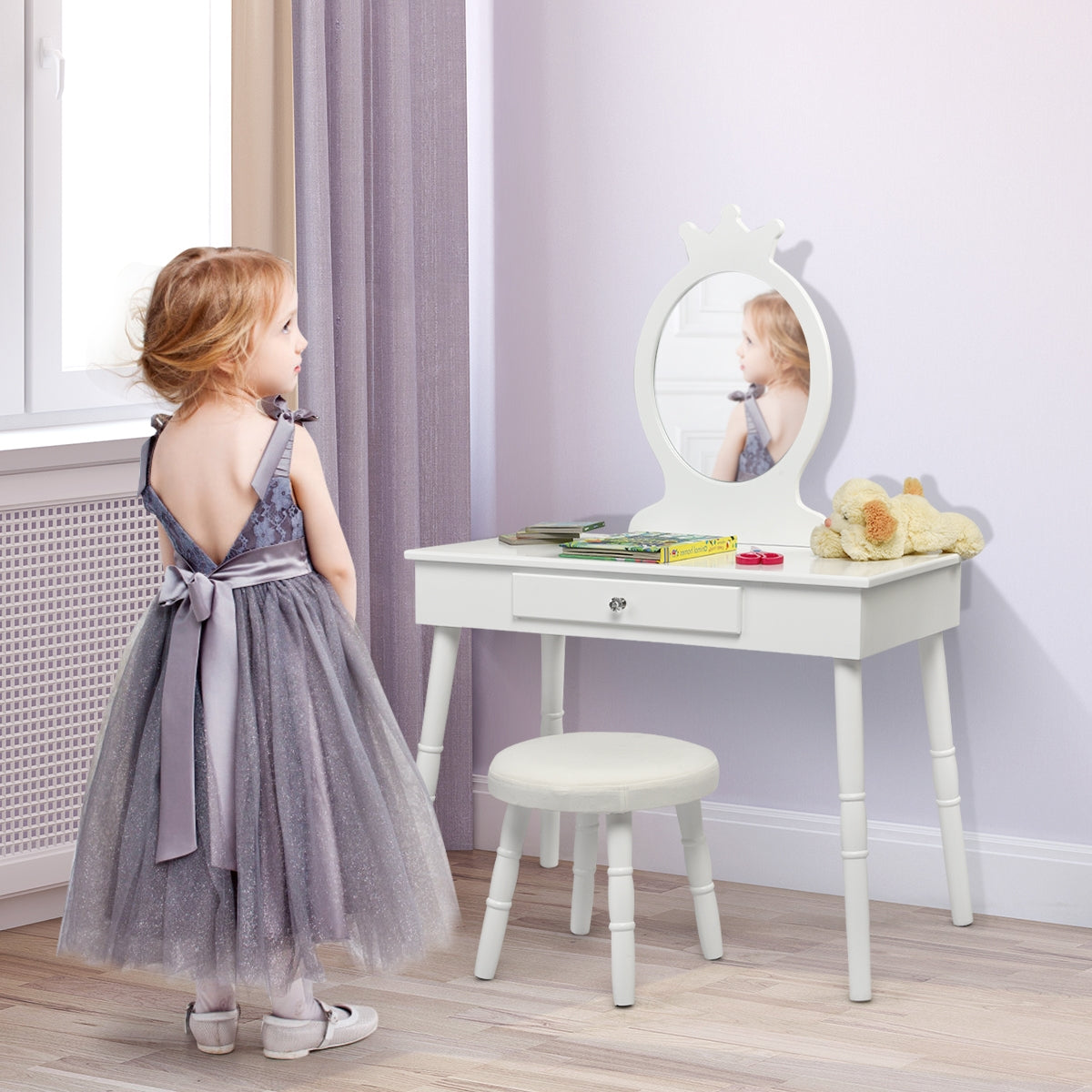 Toeletta con specchio per bambini, Set tavolo e sedia toeletta con cassetti e sgabello imbottito, Bianco-Toelette per bimbi