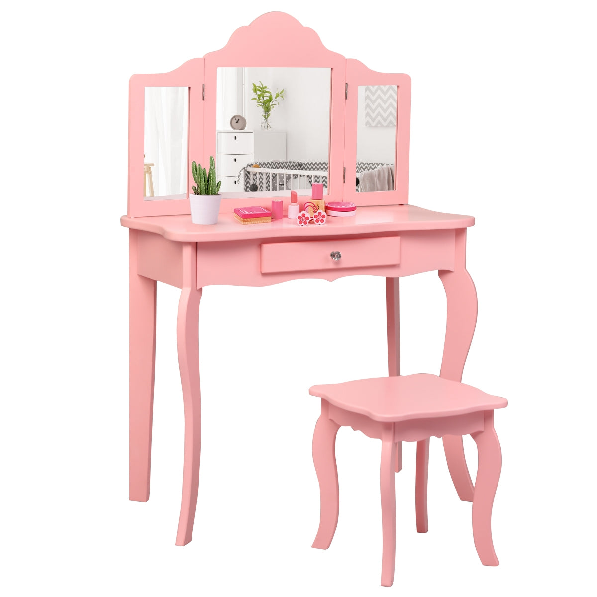 Set toeletta per bambini, Tavolo toeletta principessa con sgabello specchio pieghevole, Rosa-Toelette per bimbi
