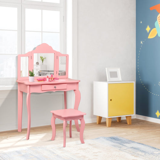Set toeletta per bambini, Tavolo toeletta principessa con sgabello specchio pieghevole, Rosa-Toelette per bimbi