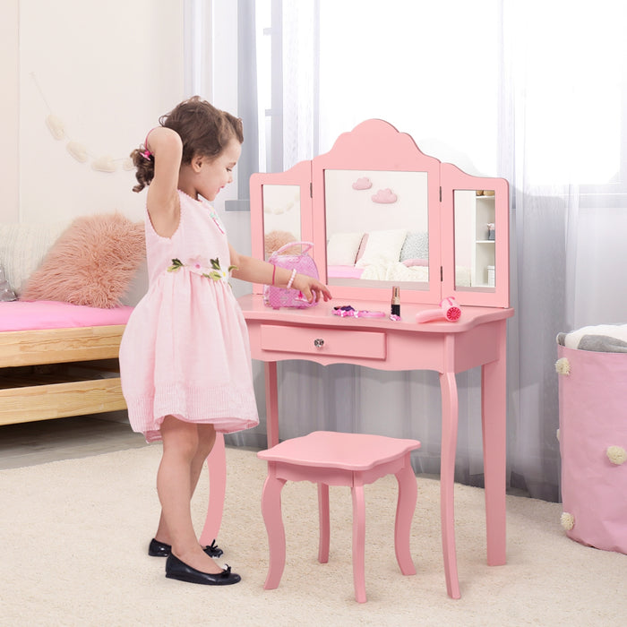 Set toeletta per bambini, Tavolo toeletta principessa con sgabello specchio pieghevole, Rosa-Toelette per bimbi