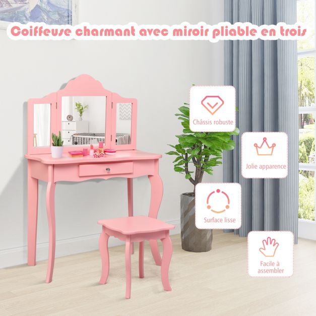 Toletta per bambini rosa con sgabello tavolo da trucco con specchio a tre pannelli e cassetto 70 x 34 x 104 cm rosa 20_0008329