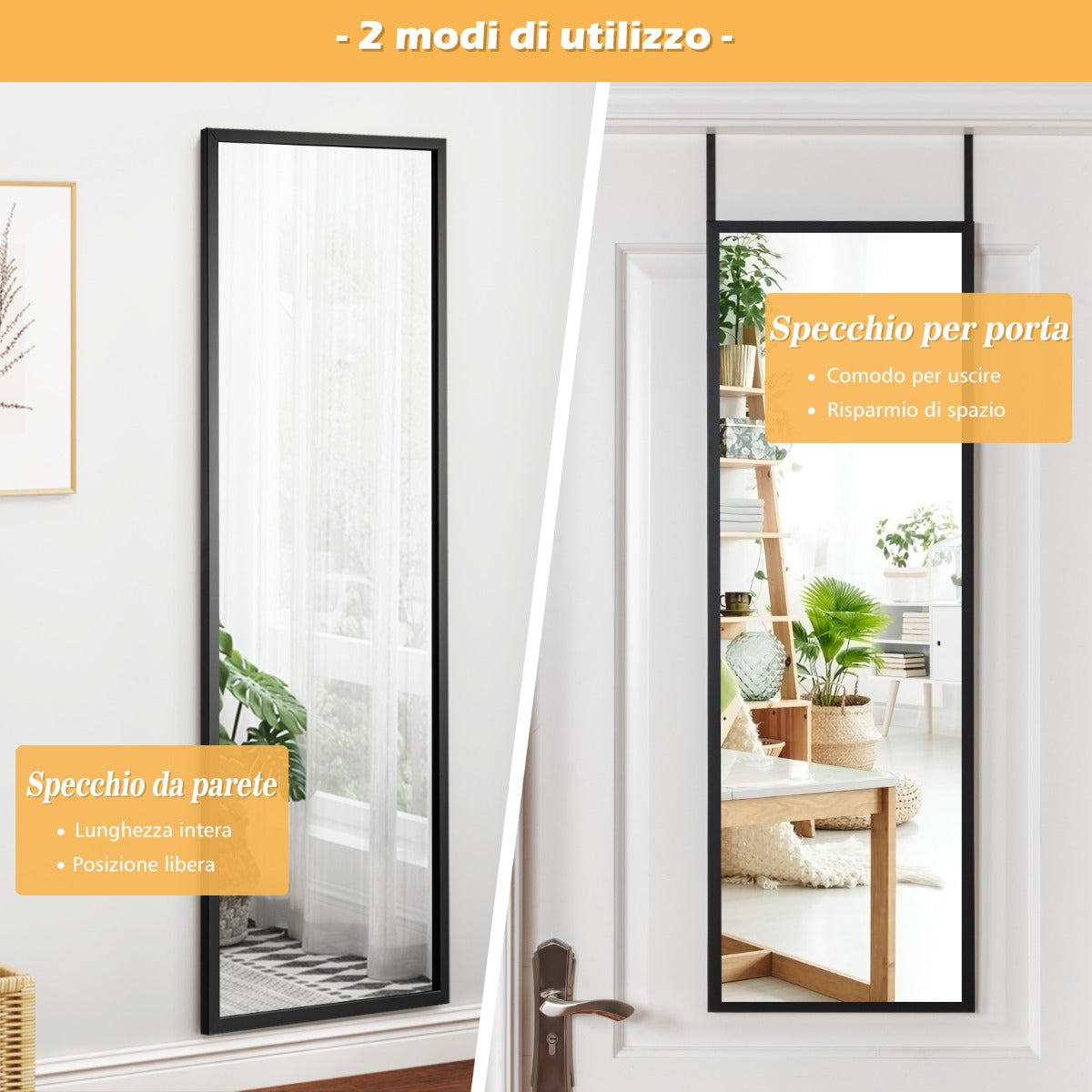 Specchio a figura intera per muro o porta con struttura in ferro, Specchio con 2 set di ganci regolabili Nero-Specchi da parete