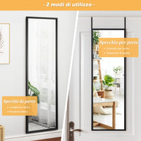 Specchio a figura intera per muro o porta con struttura in ferro, Specchio con 2 set di ganci regolabili Nero-Specchi da parete