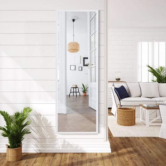 Specchio a figura intera per muro o porta con struttura in ferro, Specchio con 2 set di ganci regolabili Bianco-Specchi da parete