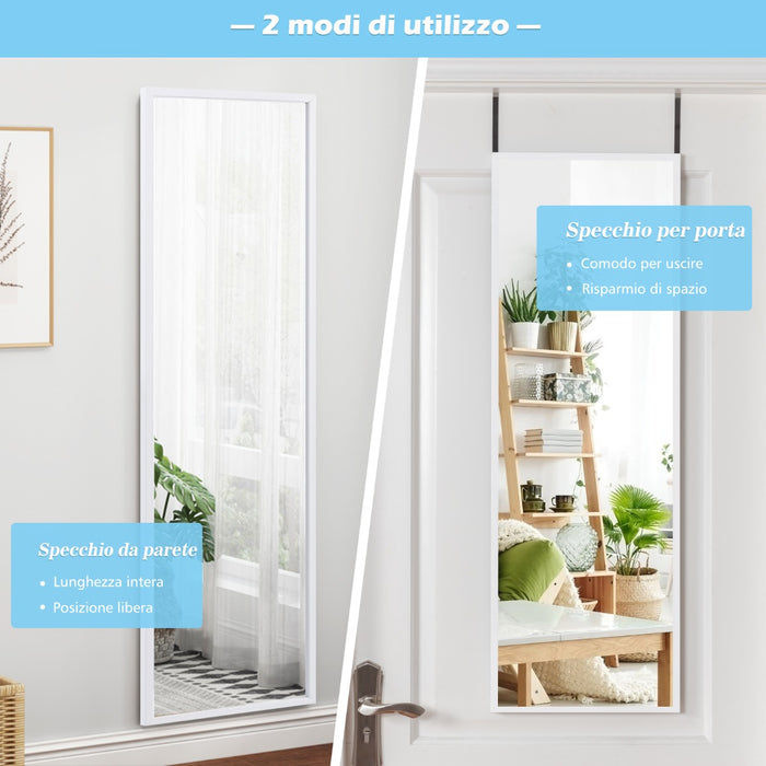 Specchio a figura intera per muro o porta con struttura in ferro, Specchio con 2 set di ganci regolabili Bianco-Specchi da parete