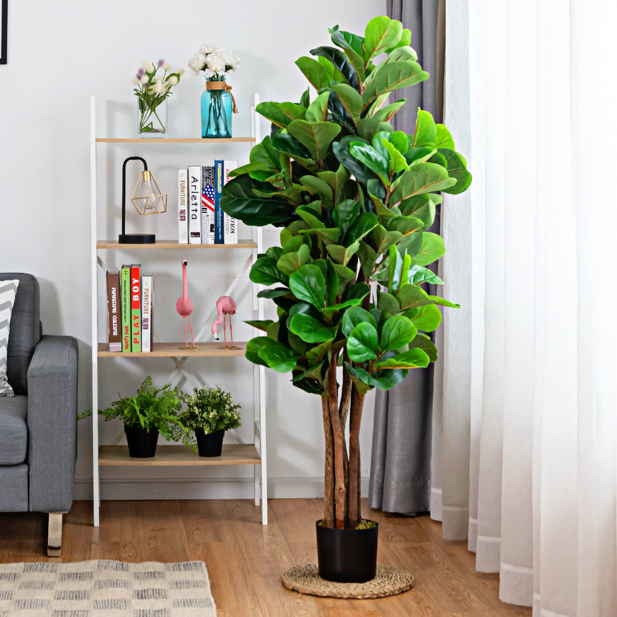 Albero di fico artificiale 1,5 m per decorare casa e ufficio, Fico finto con foglie in PEVA e vaso in PP-Piante artificiali