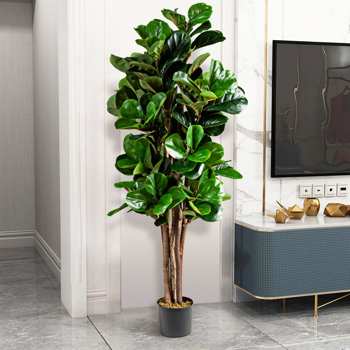 Albero di fico artificiale 1,5 m per decorare casa e ufficio, Fico finto con foglie in PEVA e vaso in PP-Piante artificiali