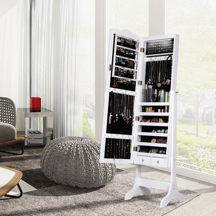 Armadio portagioie con 14 luci LED, Armadio per gioielli con specchio a figura intera Bianco-Armadietti per gioielli