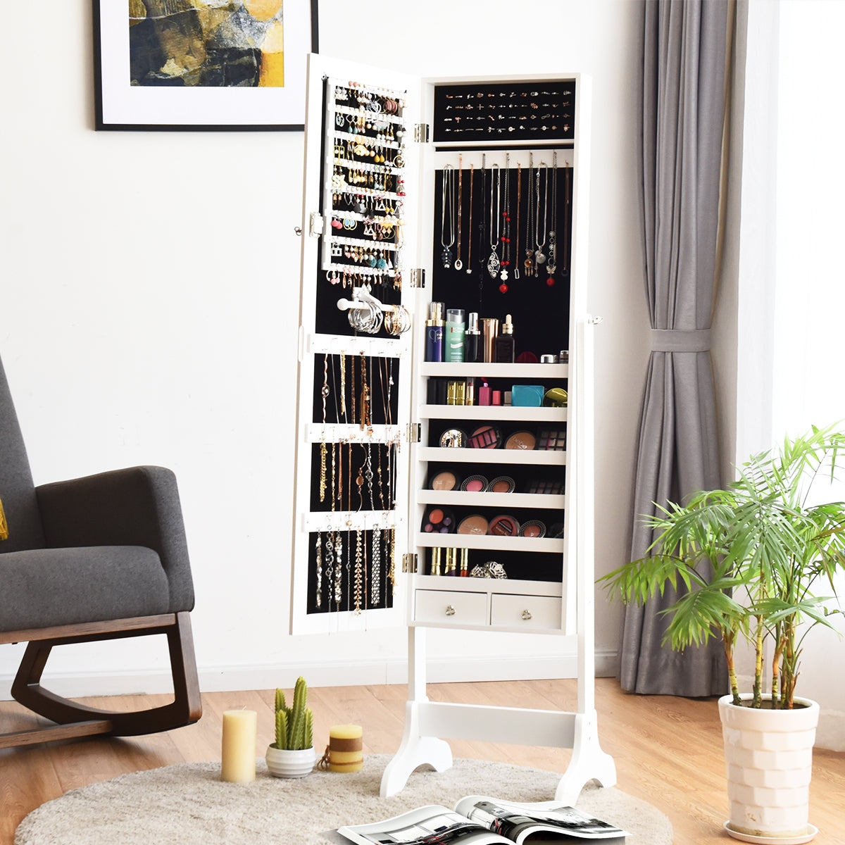 Armadietto porta gioielli con specchio e supporto da camera da letto 156x46x37cm Bianco-Armadietti per gioielli