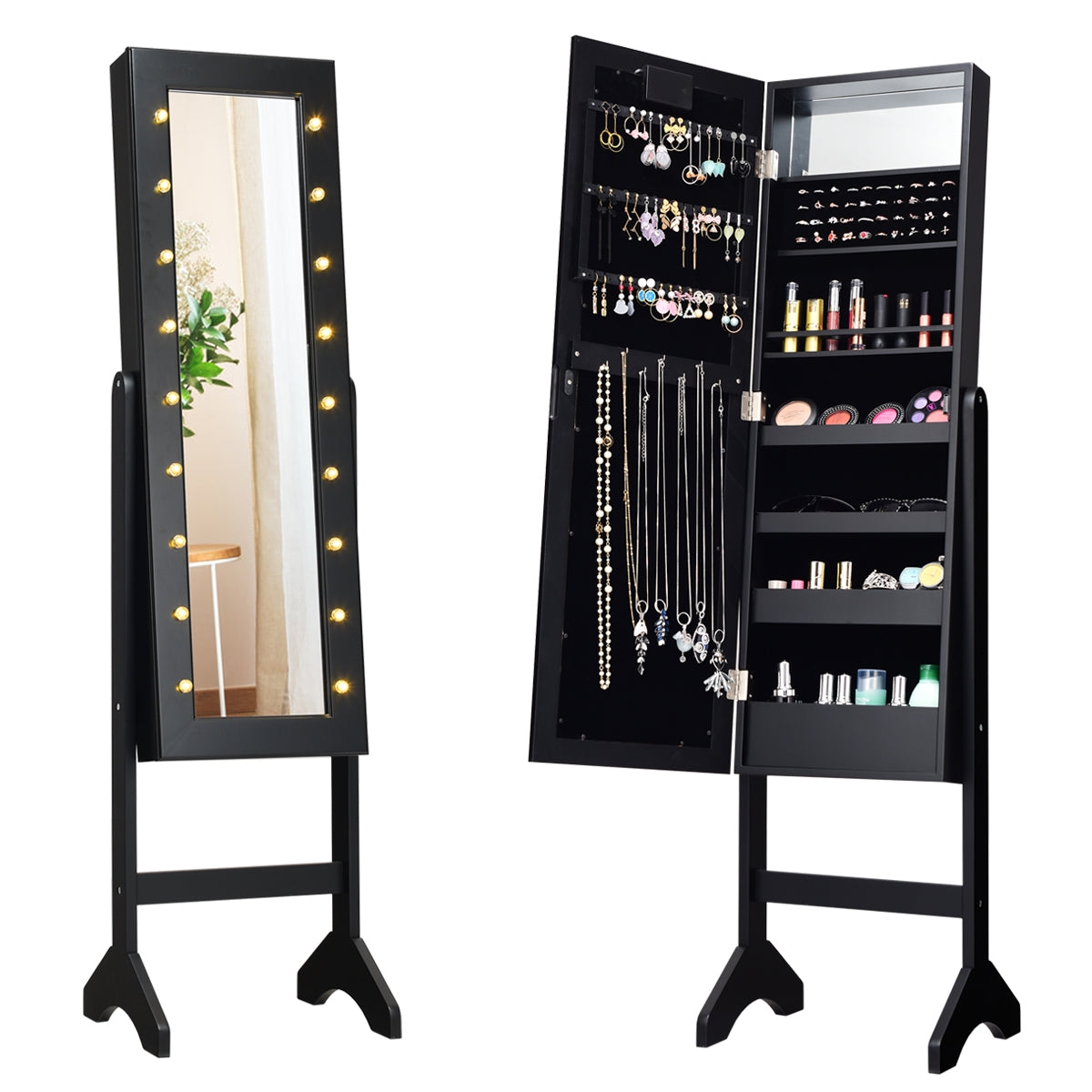 Mobile portagioielli indipendente con specchio e 18 LED 35 x 315 x 145 cm pratico e moderno in MDF nero 20_0010379