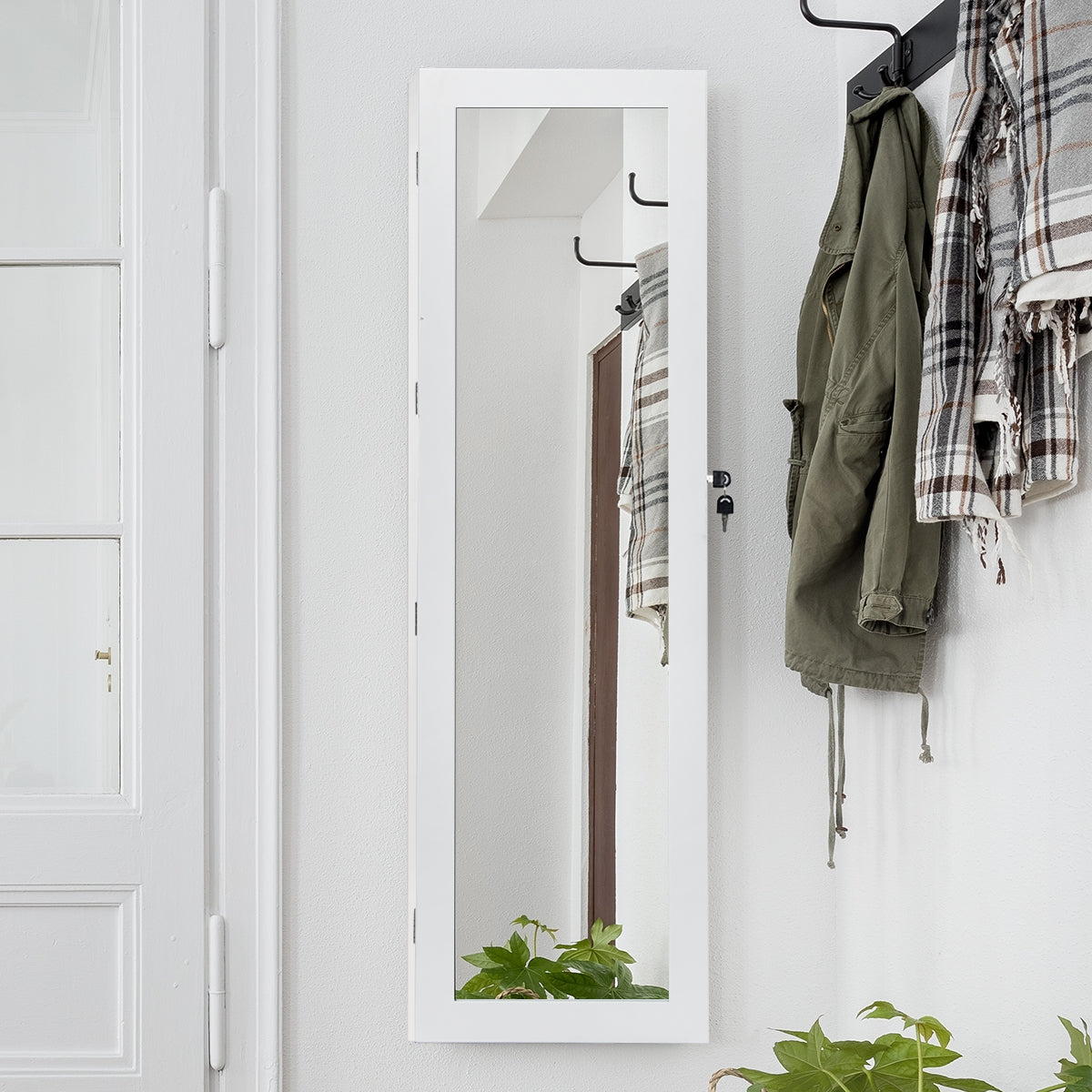 Armadio portagioie richiudibile e con luce LED, Armadio per gioielli con specchio a figura intera, Bianco-Armadietti per gioielli