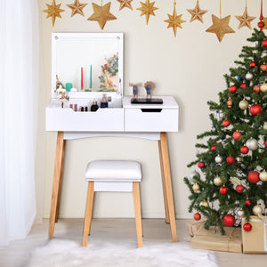 Toeletta con specchio ermetico, Toeletta di legno con sgabello e cassetto, Bianco-Tavoli da trucco