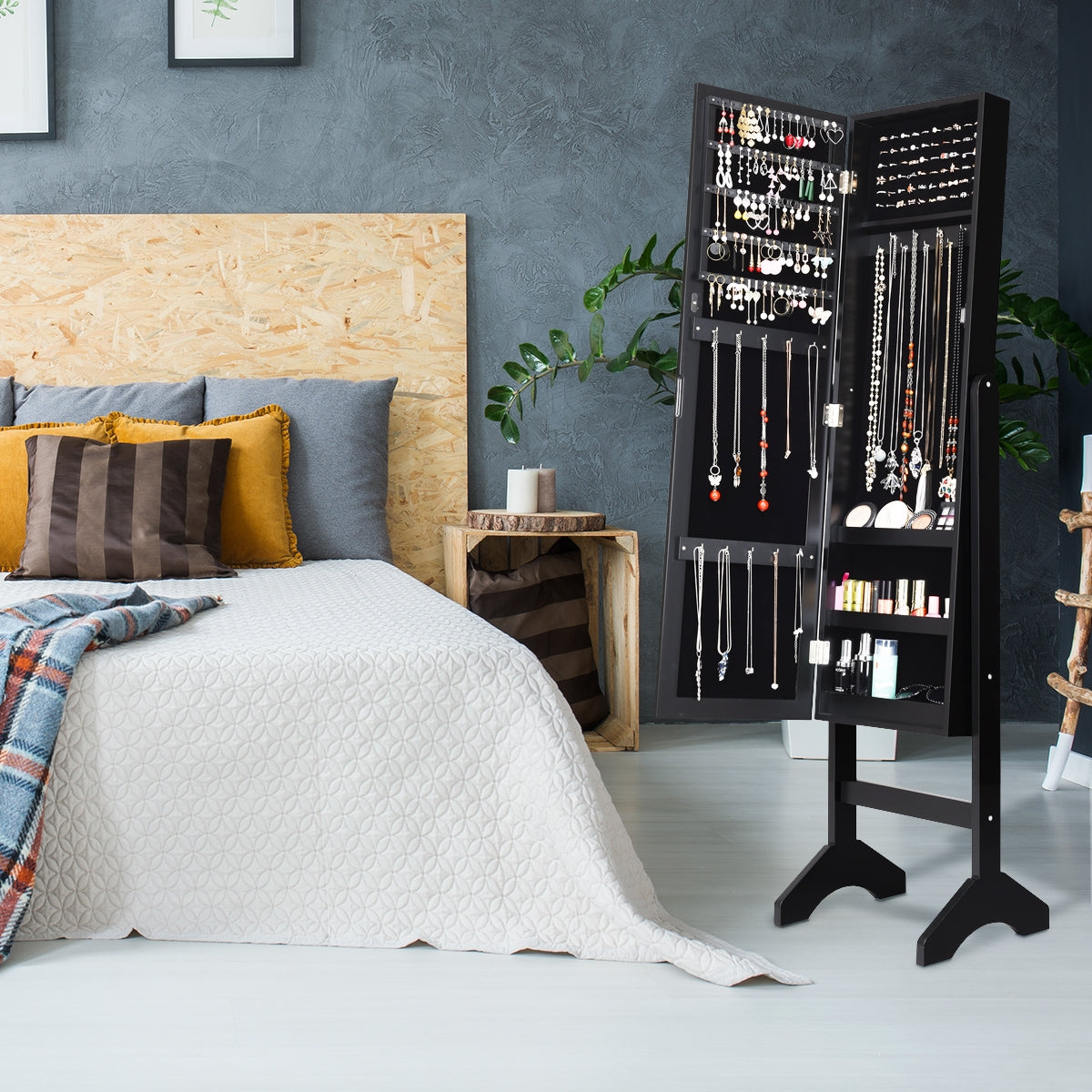Armadio per gioielli con specchio a figura intera e diamanti in resina, Organizer spazioso per gioielli Nero-Armadietti per gioielli