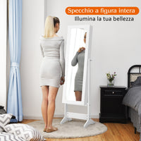 Armadio portagioie con specchio a figura intera, Armadio per gioielli con 64 spazi per orecchini Bianco-Armadietti per gioielli