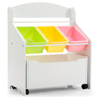 Libreria di legno con ruote per bambini, Organizer libri e giocattoli con 3 cesti, Bianco-Scaffalature