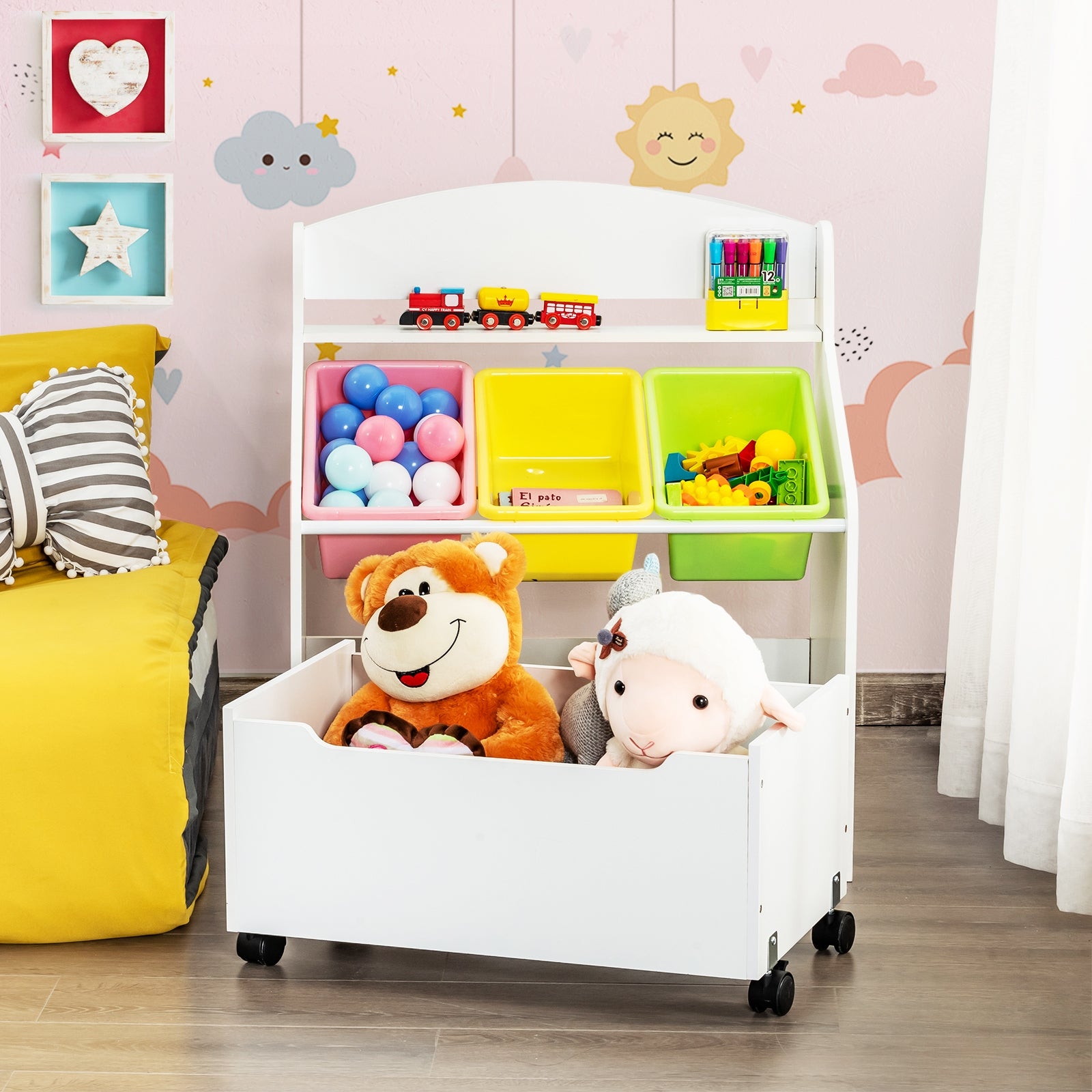 Libreria di legno con ruote per bambini, Organizer libri e giocattoli con 3 cesti, Bianco-Scaffalature
