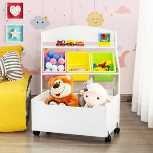 Libreria di legno con ruote per bambini, Organizer libri e giocattoli con 3 cesti, Bianco-Scaffalature