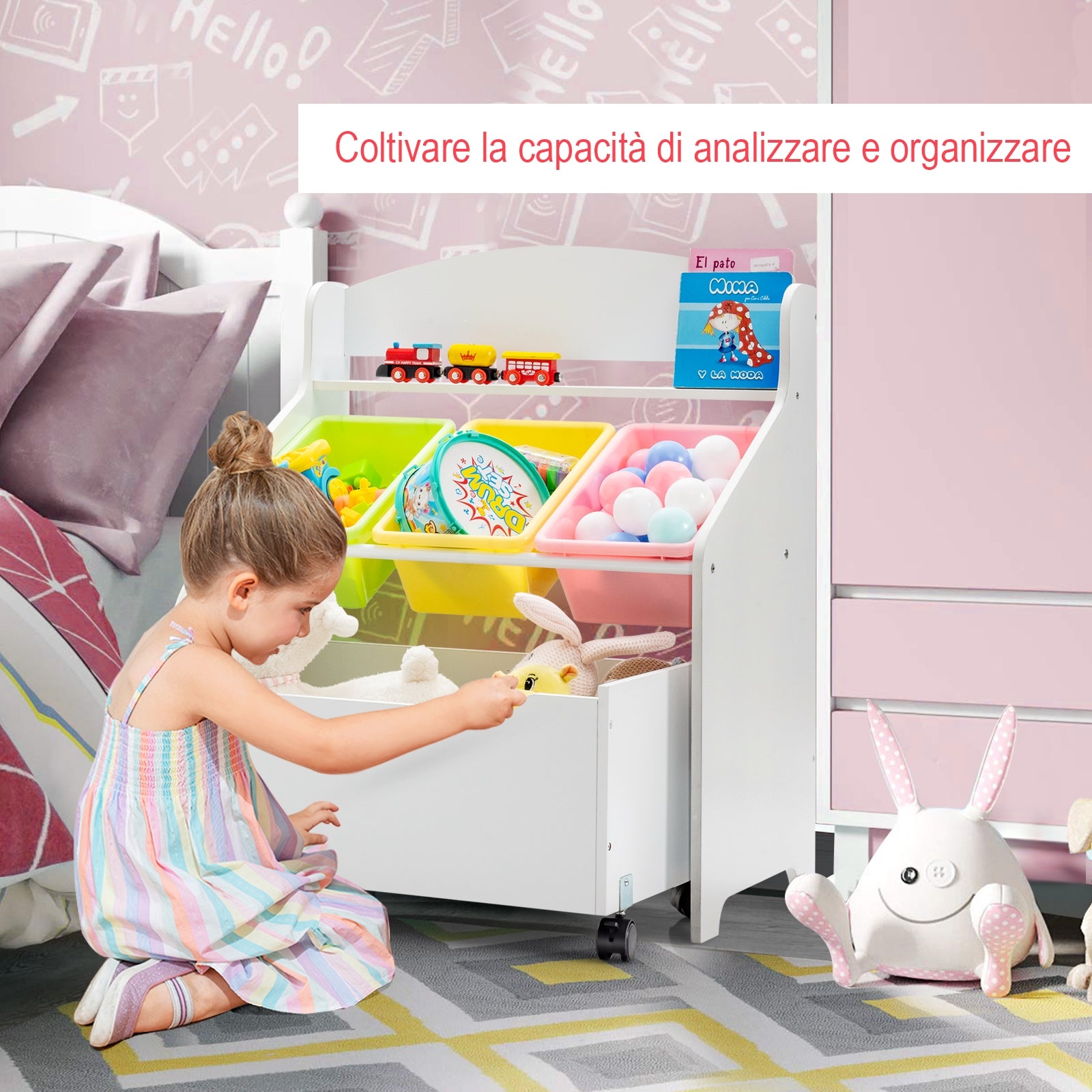Libreria di legno con ruote per bambini, Organizer libri e giocattoli con 3 cesti, Bianco-Scaffalature