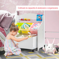Libreria di legno con ruote per bambini, Organizer libri e giocattoli con 3 cesti, Bianco-Scaffalature