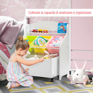 Libreria di legno con ruote per bambini, Organizer libri e giocattoli con 3 cesti, Bianco-Scaffalature