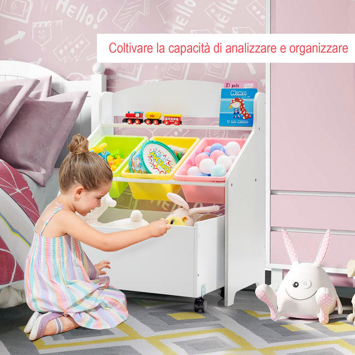 Libreria di legno con ruote per bambini, Organizer libri e giocattoli con 3 cesti, Bianco-Scaffalature